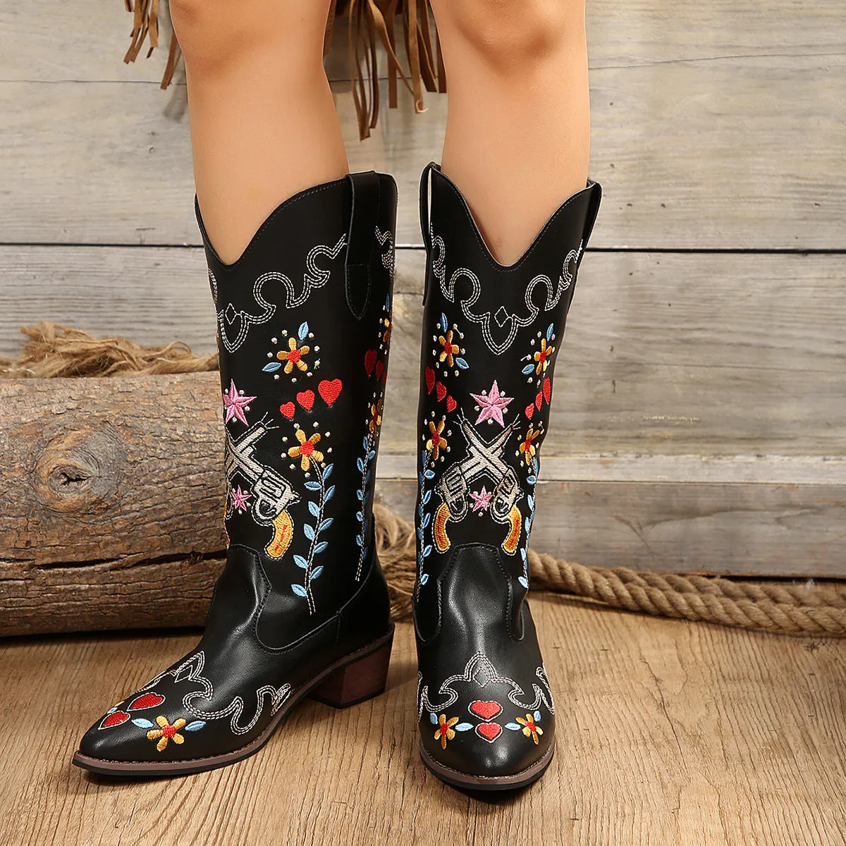 Long Embroidered Chunky Boot