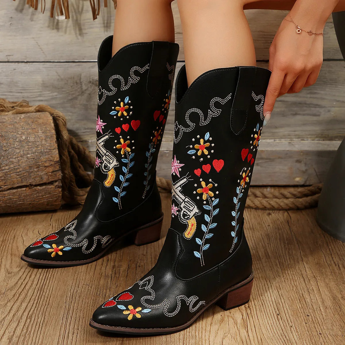 Long Embroidered Chunky Boot