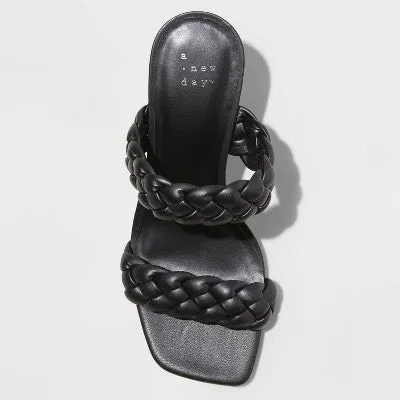 New - A New Day Women's 3.25" Chunky Block High Heel Slip On Sandals Woven Square Toe