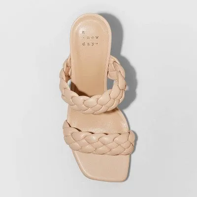 New - A New Day Women's 3.25" Chunky Block High Heel Slip On Sandals Woven Square Toe