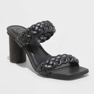New - A New Day Women's 3.25" Chunky Block High Heel Slip On Sandals Woven Square Toe