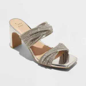 New - A New Day Women's Chunky Block High Heels Sandals Strappy Wide Width Rhinestones