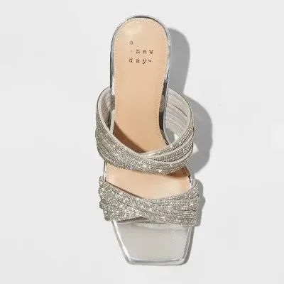 New - A New Day Women's Chunky Block High Heels Sandals Strappy Wide Width Rhinestones