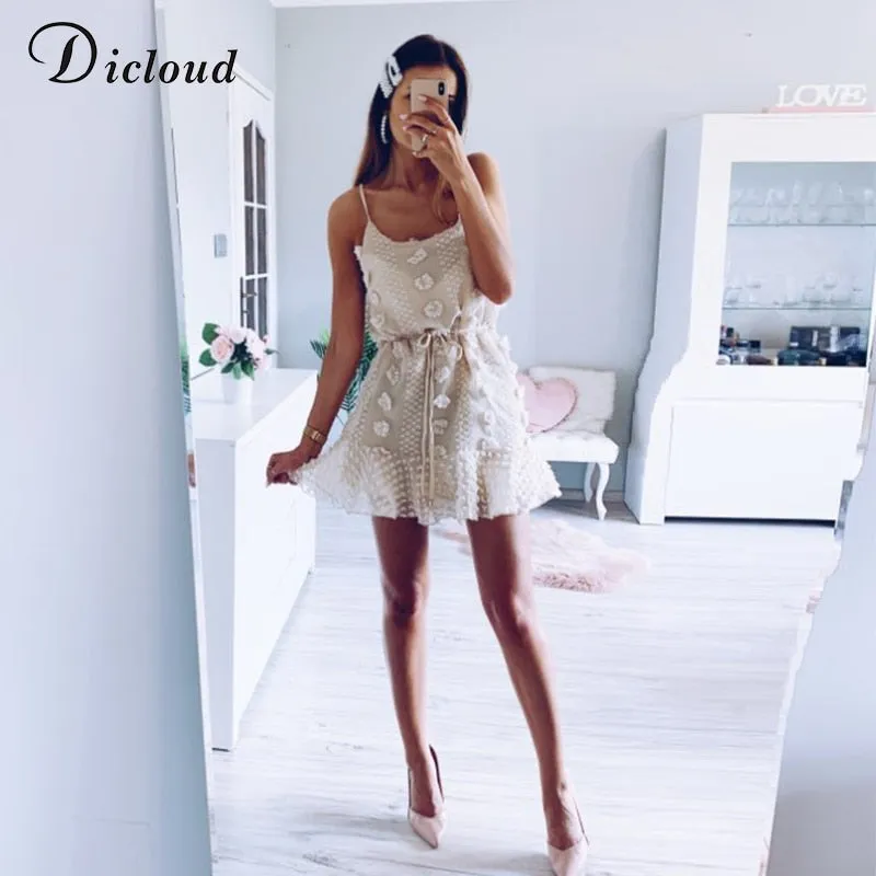 Spaghetti Strap Ruffle Summer Boho Beige Backless Lined Party Beach Sundress Elegant Dress