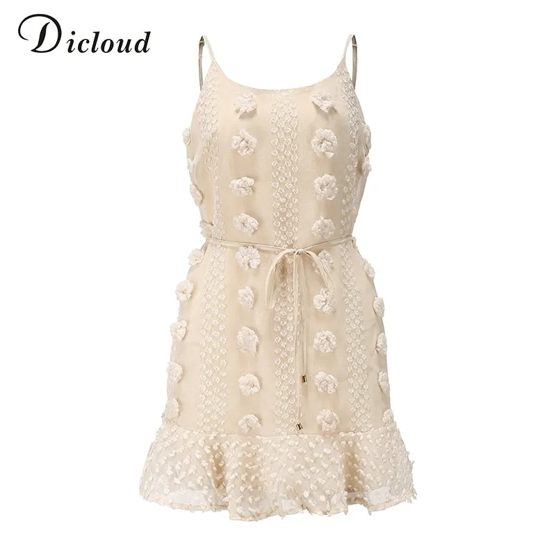 Spaghetti Strap Ruffle Summer Boho Beige Backless Lined Party Beach Sundress Elegant Dress