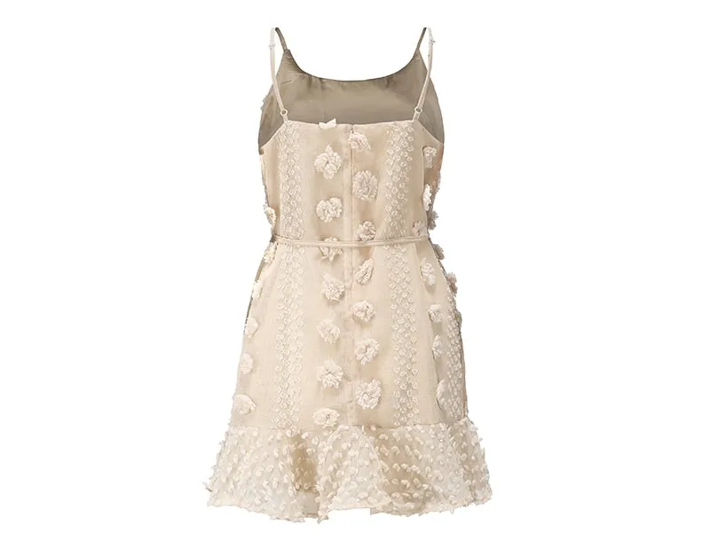 Spaghetti Strap Ruffle Summer Boho Beige Backless Lined Party Beach Sundress Elegant Dress