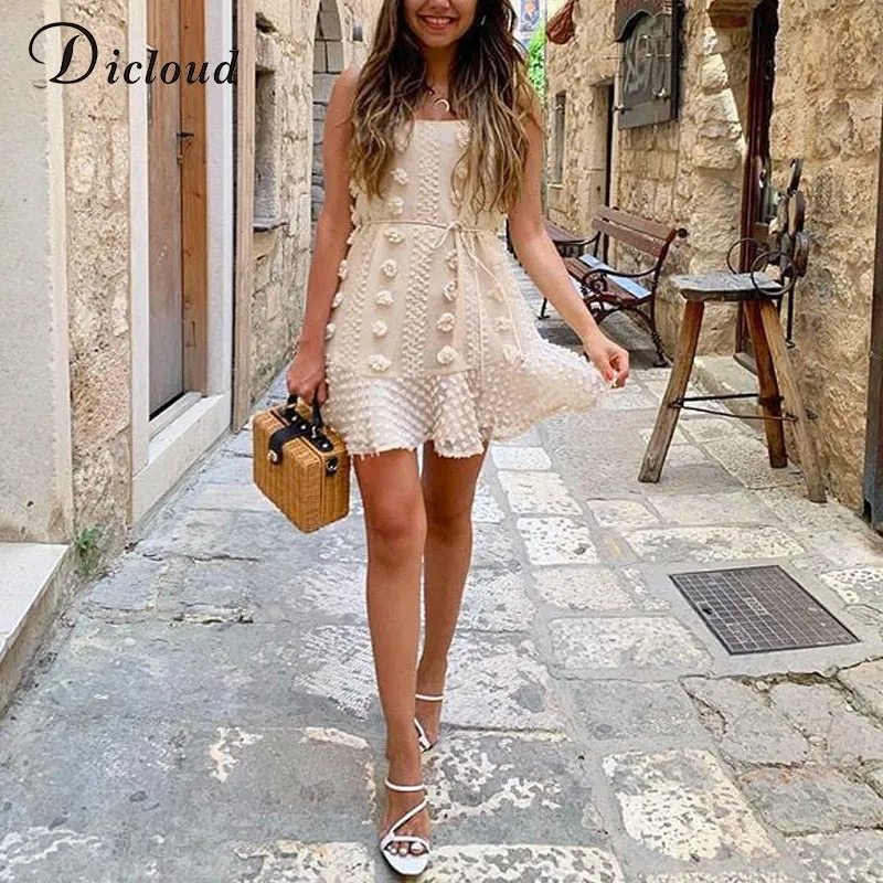 Spaghetti Strap Ruffle Summer Boho Beige Backless Lined Party Beach Sundress Elegant Dress