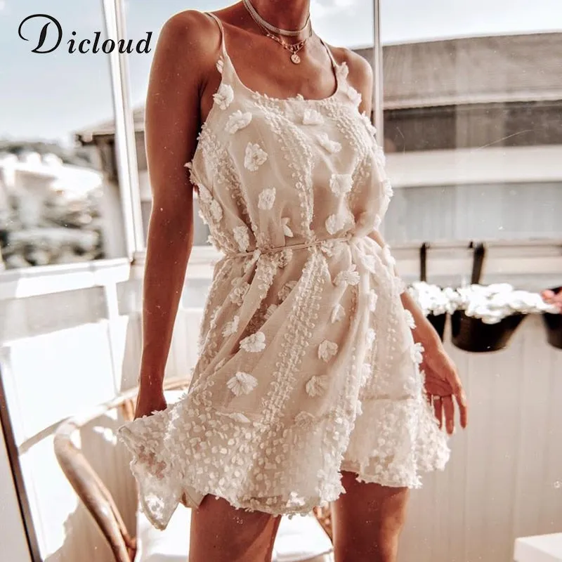 Spaghetti Strap Ruffle Summer Boho Beige Backless Lined Party Beach Sundress Elegant Dress