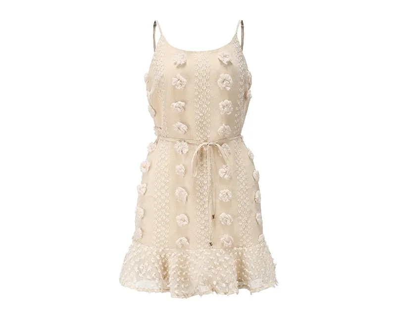 Spaghetti Strap Ruffle Summer Boho Beige Backless Lined Party Beach Sundress Elegant Dress