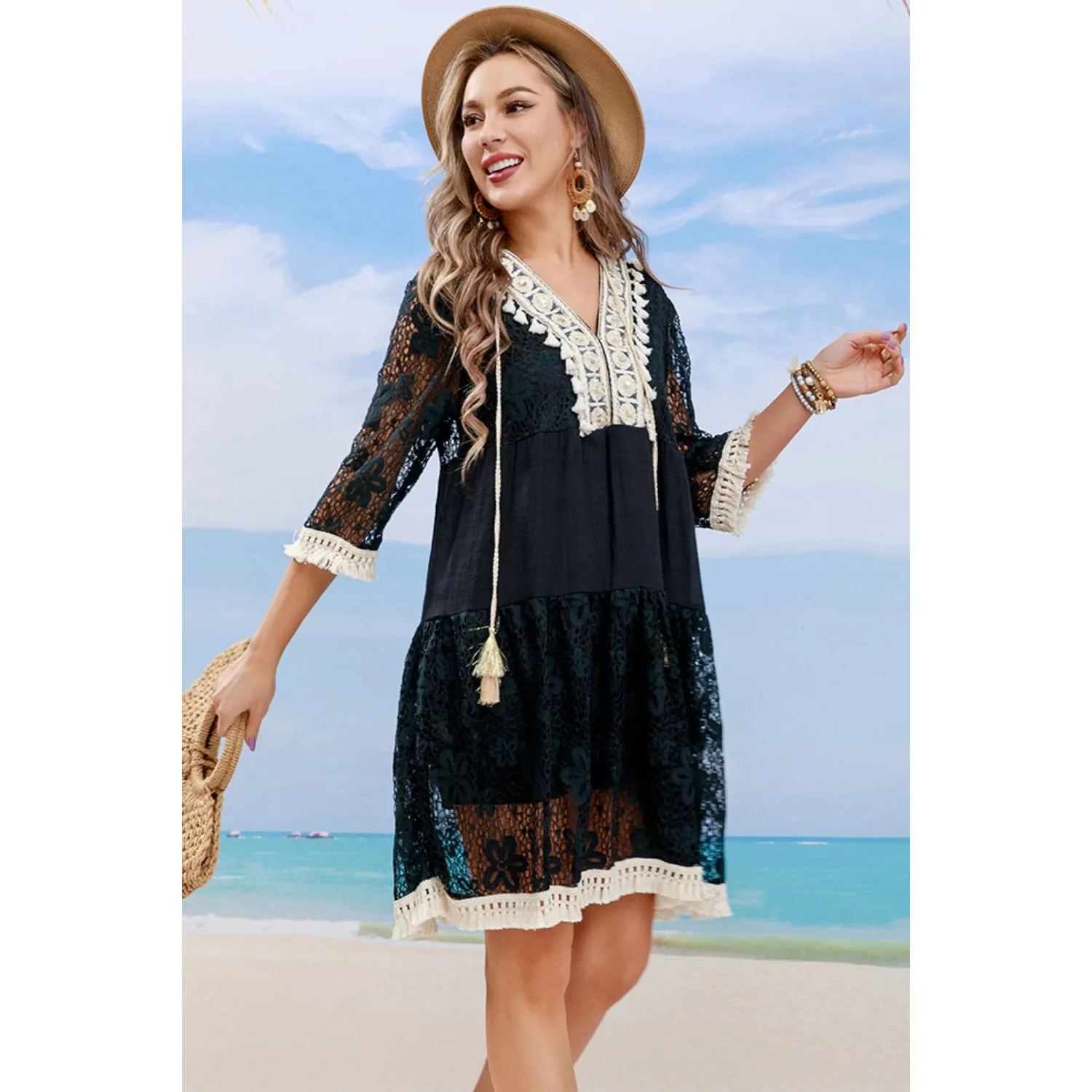 Tassel Spliced Lace Cover Up