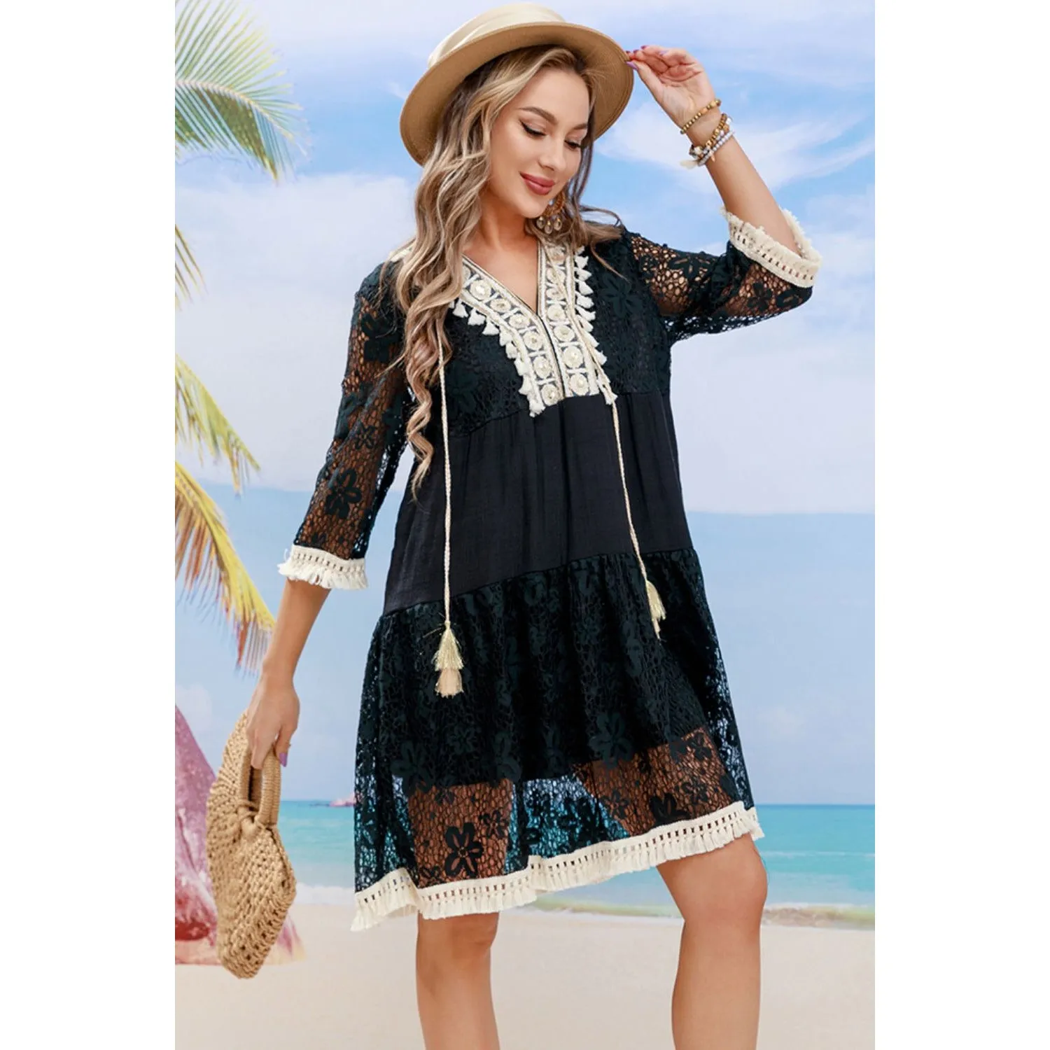 Tassel Spliced Lace Cover Up