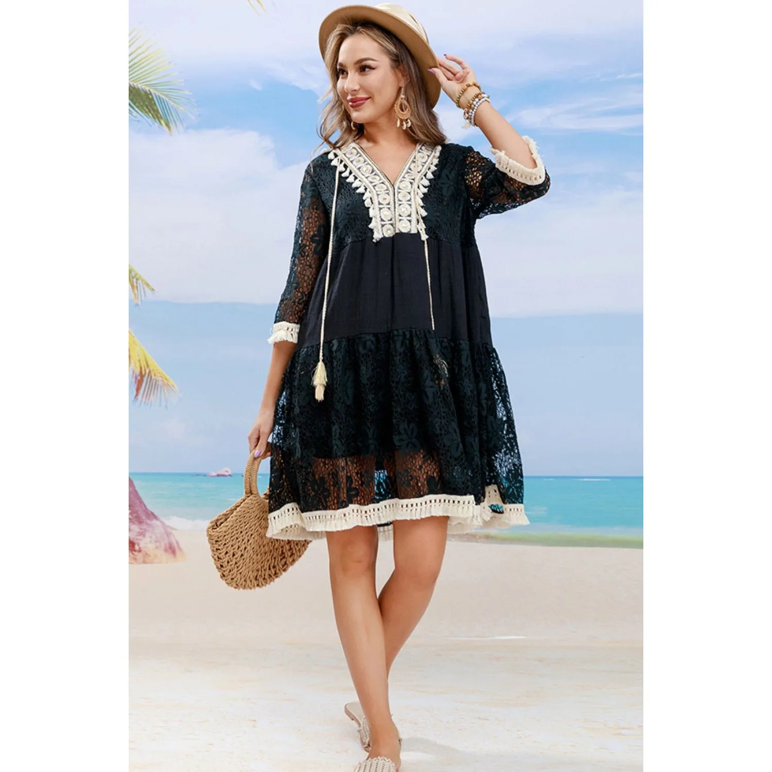 Tassel Spliced Lace Cover Up