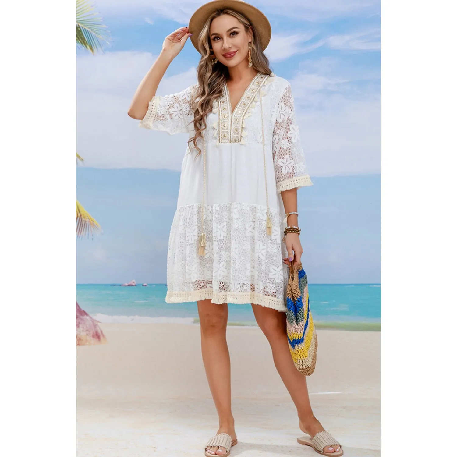 Tassel Spliced Lace Cover Up