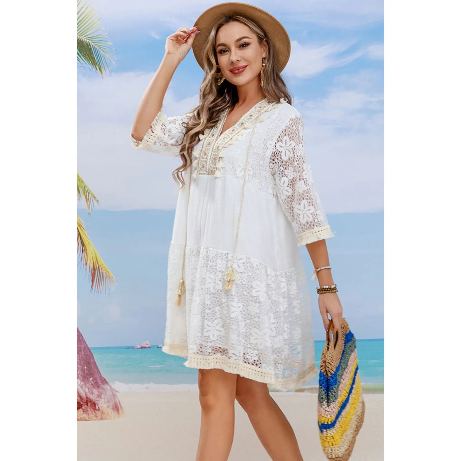 Tassel Spliced Lace Cover Up