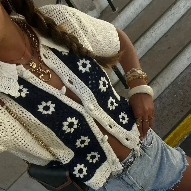 TAVIMART  -  Casual Knitted Floral Cardigan Women Hollow Out Lapel Single Breasted Short Sleeve Sweaters 2024 Autumn New Lady Tops