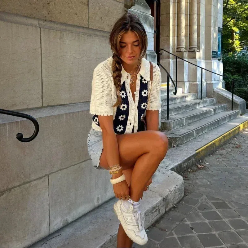 TAVIMART  -  Casual Knitted Floral Cardigan Women Hollow Out Lapel Single Breasted Short Sleeve Sweaters 2024 Autumn New Lady Tops