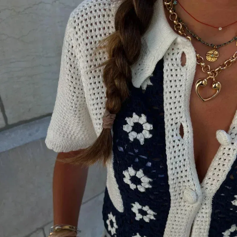 TAVIMART  -  Casual Knitted Floral Cardigan Women Hollow Out Lapel Single Breasted Short Sleeve Sweaters 2024 Autumn New Lady Tops