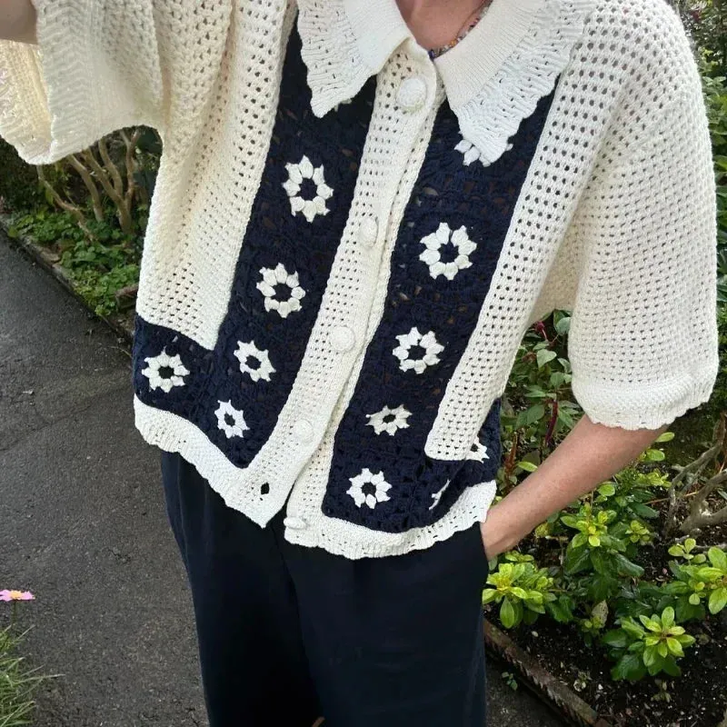 TAVIMART  -  Casual Knitted Floral Cardigan Women Hollow Out Lapel Single Breasted Short Sleeve Sweaters 2024 Autumn New Lady Tops