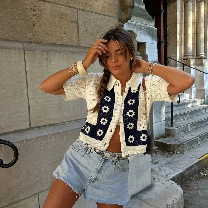 TAVIMART  -  Casual Knitted Floral Cardigan Women Hollow Out Lapel Single Breasted Short Sleeve Sweaters 2024 Autumn New Lady Tops