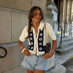 TAVIMART  -  Casual Knitted Floral Cardigan Women Hollow Out Lapel Single Breasted Short Sleeve Sweaters 2024 Autumn New Lady Tops