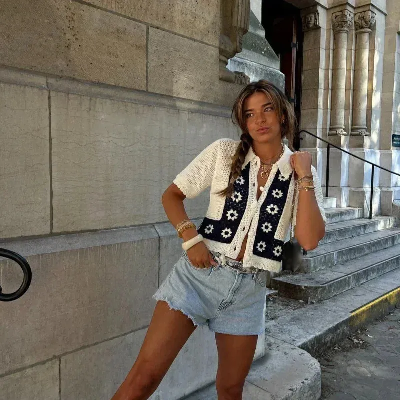 TAVIMART  -  Casual Knitted Floral Cardigan Women Hollow Out Lapel Single Breasted Short Sleeve Sweaters 2024 Autumn New Lady Tops