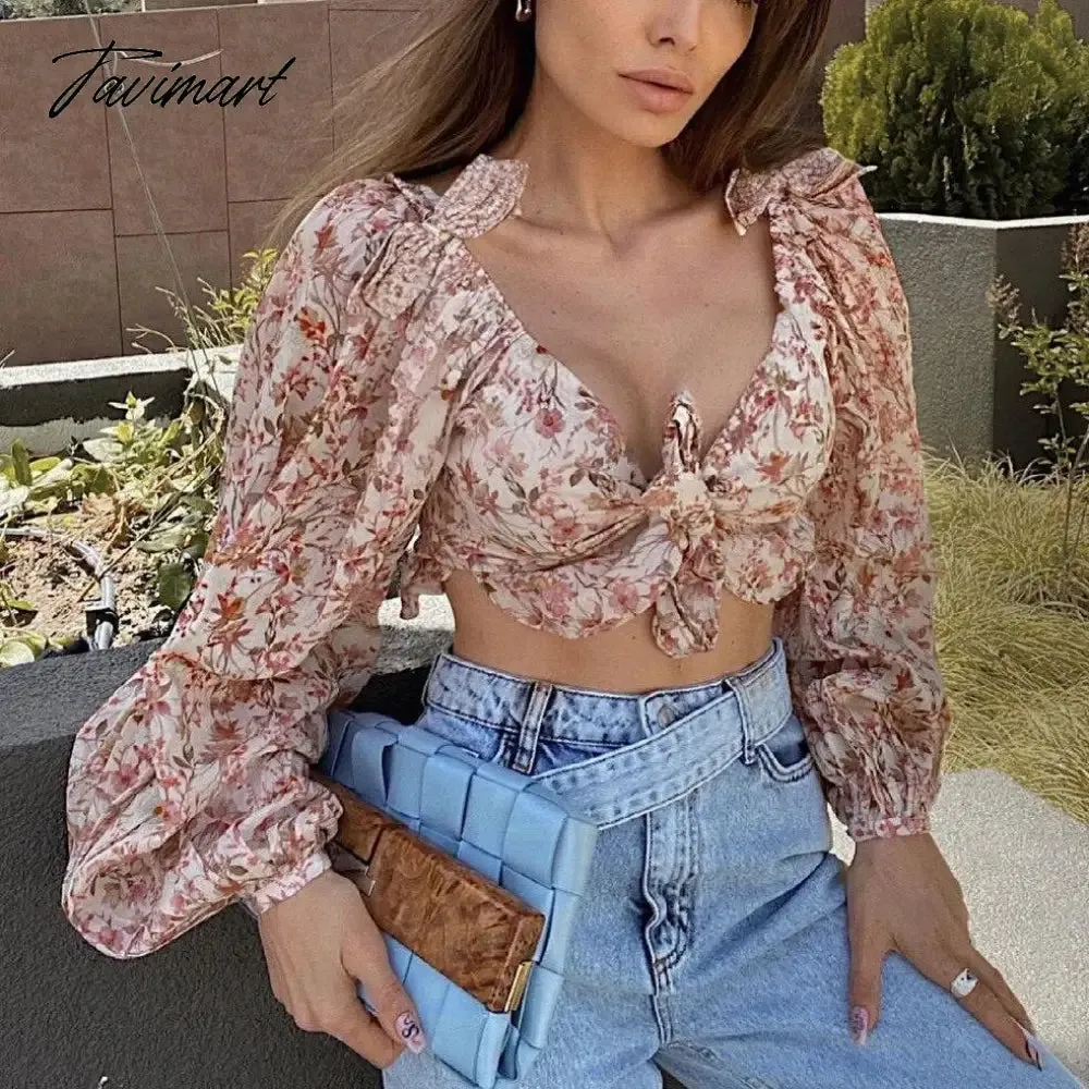 Tavimart Summer Women Tops New Arrivals Causal Floral Long Sleeve Tops Elegant Ruffle Top for Beach Sexy Celebrity Club Night Party