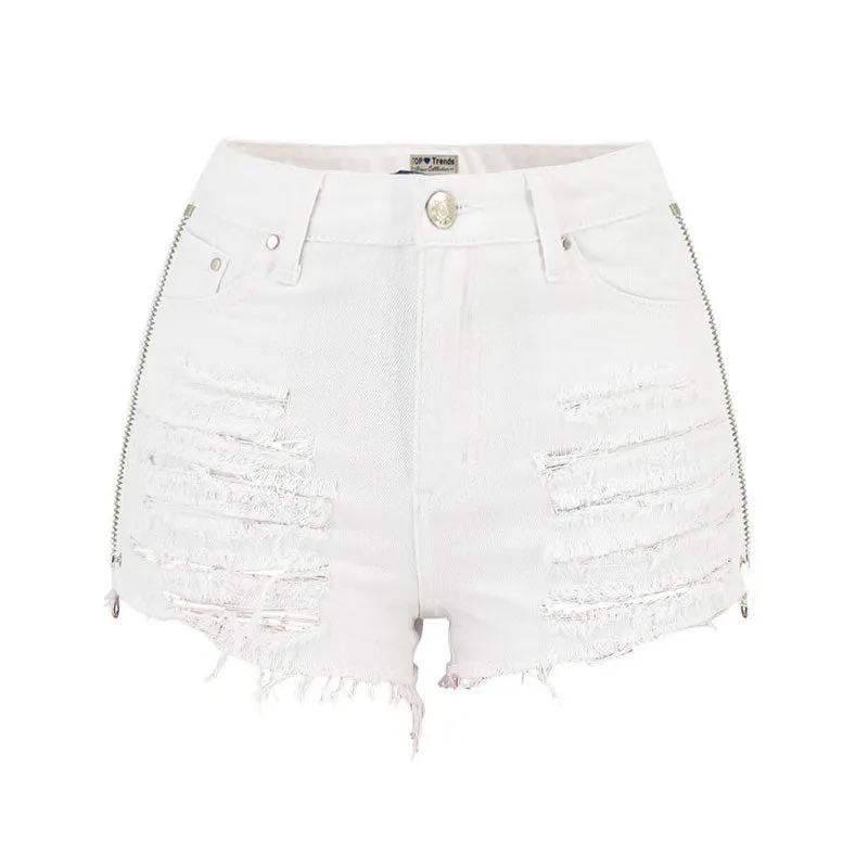 Trendy Zip Trim High Waist Distressed Denim Shorts - White