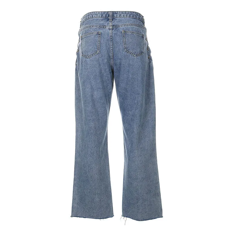 Unique Chain Side Mid Waist Frayed Straight Leg Jeans - Blue