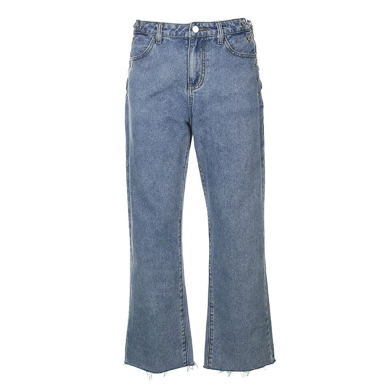Unique Chain Side Mid Waist Frayed Straight Leg Jeans - Blue