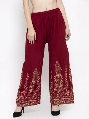 Women'S Maroon Straight Printed Rayon Palazzo