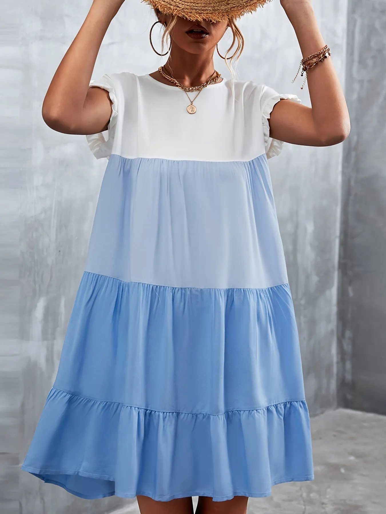Women's Summer Dress Sleeveless Ruffle Sleeve Round Neck Mini Dress Color Block Loose Short Flowy Pleated Dress