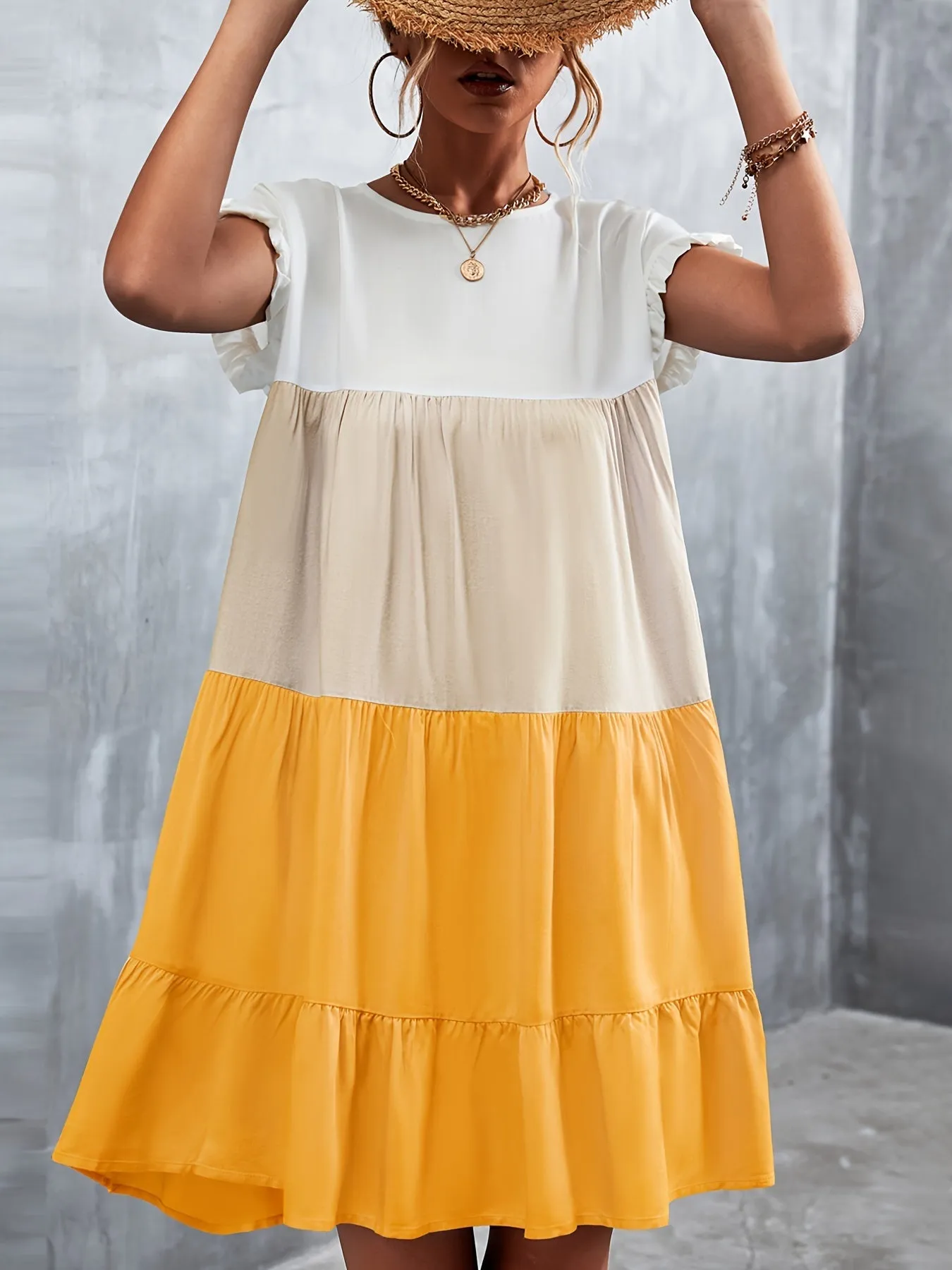 Women's Summer Dress Sleeveless Ruffle Sleeve Round Neck Mini Dress Color Block Loose Short Flowy Pleated Dress