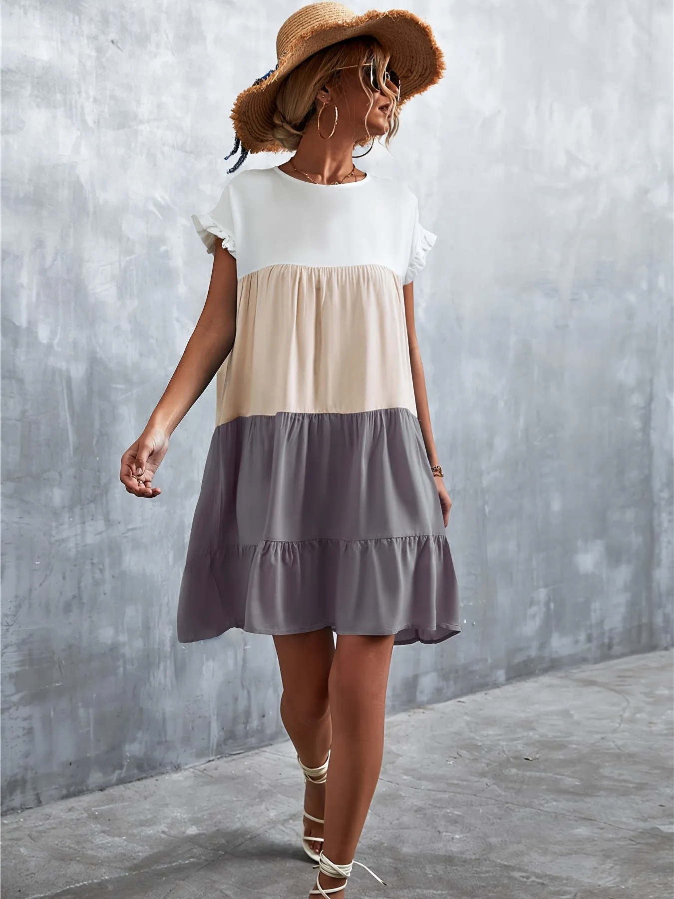 Women's Summer Dress Sleeveless Ruffle Sleeve Round Neck Mini Dress Color Block Loose Short Flowy Pleated Dress