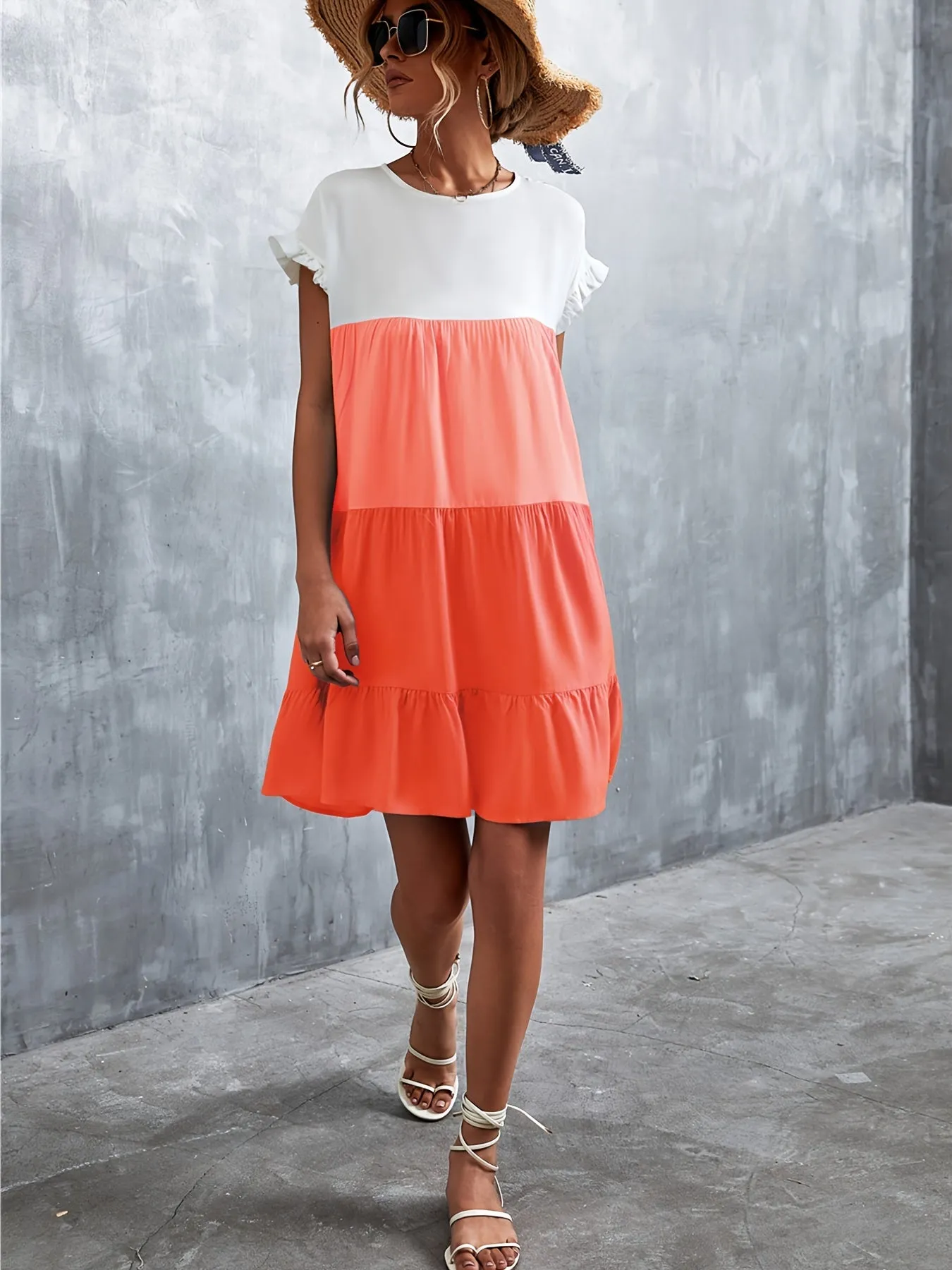 Women's Summer Dress Sleeveless Ruffle Sleeve Round Neck Mini Dress Color Block Loose Short Flowy Pleated Dress