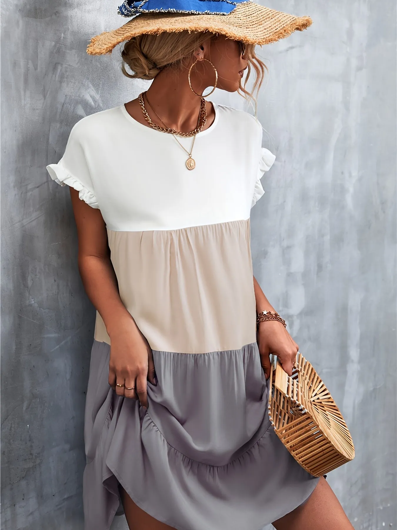 Women's Summer Dress Sleeveless Ruffle Sleeve Round Neck Mini Dress Color Block Loose Short Flowy Pleated Dress