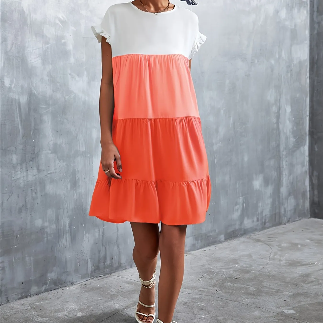 Women's Summer Dress Sleeveless Ruffle Sleeve Round Neck Mini Dress Color Block Loose Short Flowy Pleated Dress