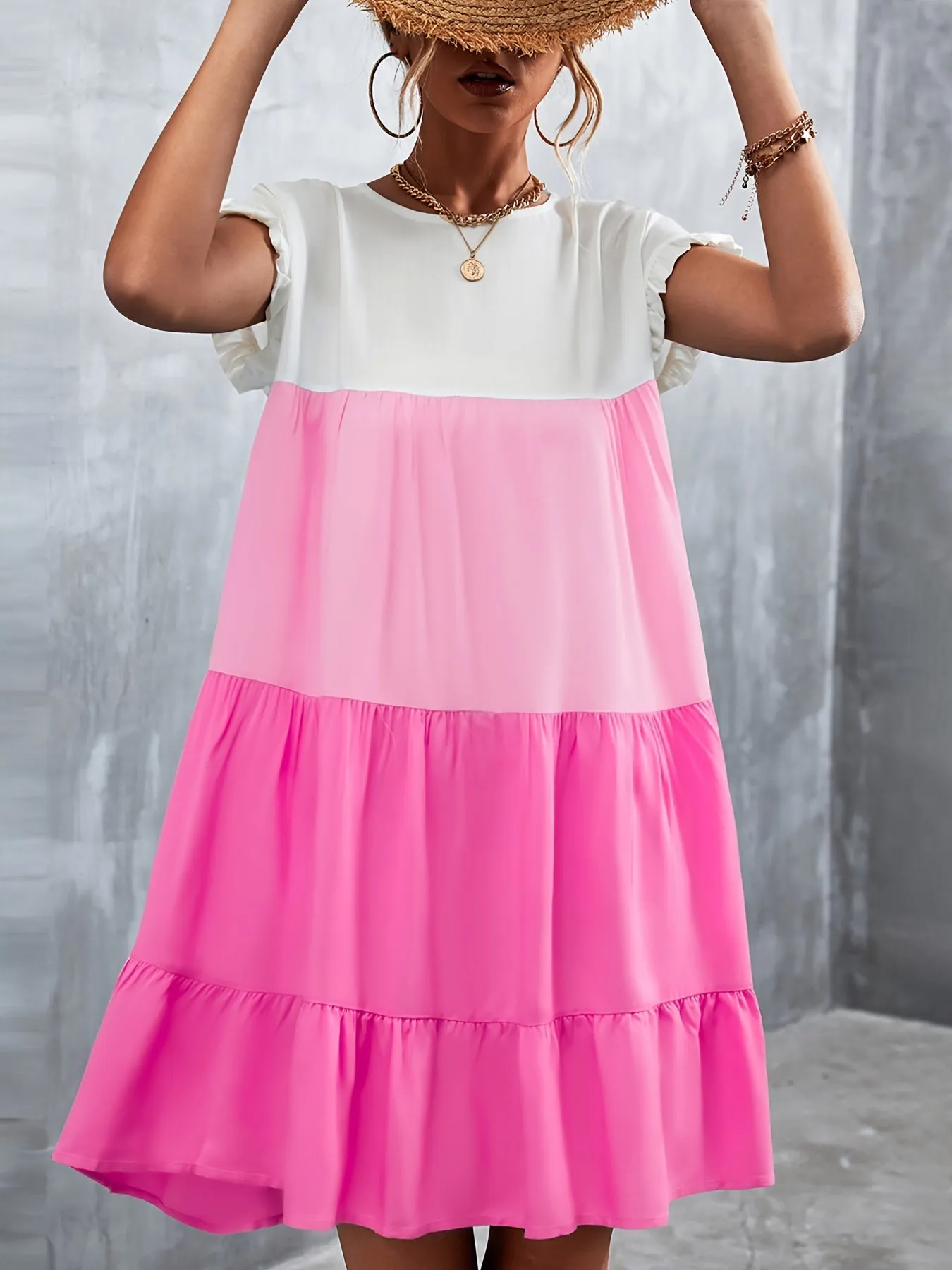 Women's Summer Dress Sleeveless Ruffle Sleeve Round Neck Mini Dress Color Block Loose Short Flowy Pleated Dress