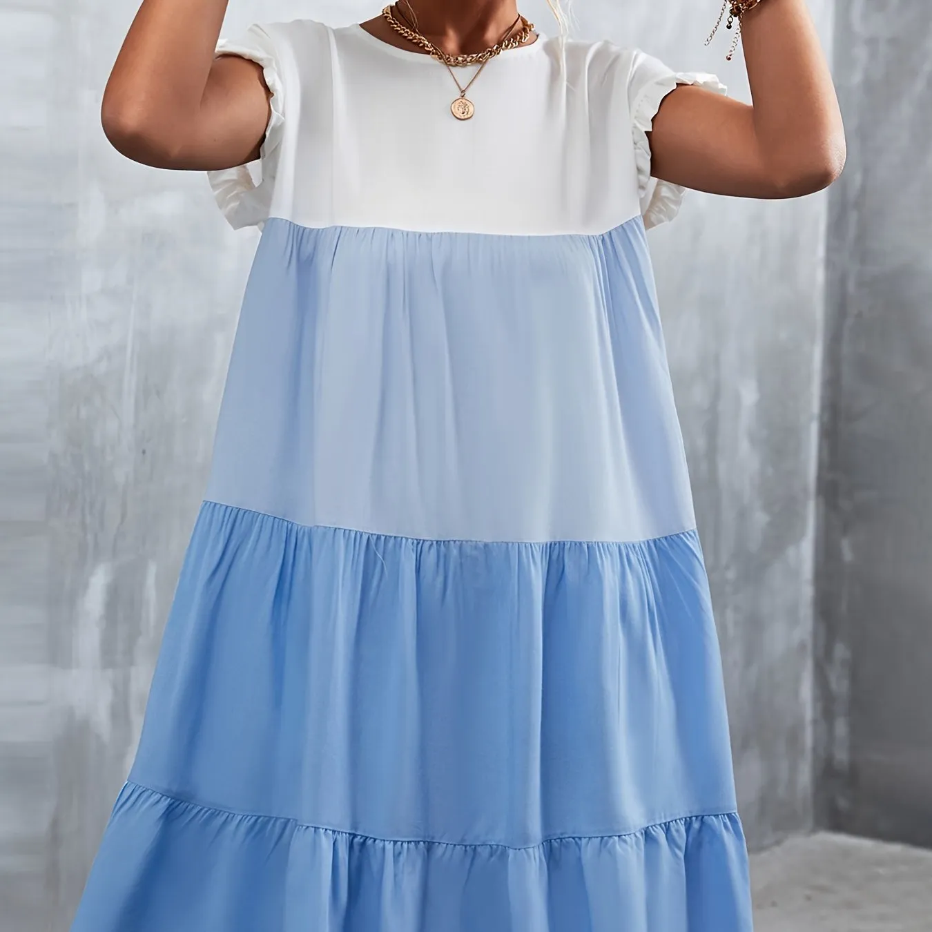 Women's Summer Dress Sleeveless Ruffle Sleeve Round Neck Mini Dress Color Block Loose Short Flowy Pleated Dress