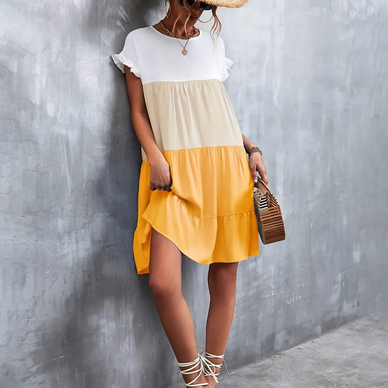 Women's Summer Dress Sleeveless Ruffle Sleeve Round Neck Mini Dress Color Block Loose Short Flowy Pleated Dress